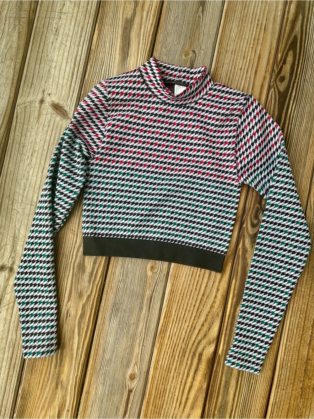 Fabletics Multicolor Houndstooth Mock Neck Crop Top - Black, White, Red, Green
